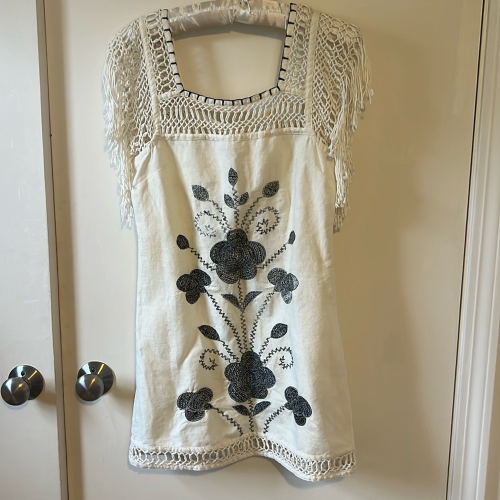 Free people linen embroidered dress with fringe sleeves